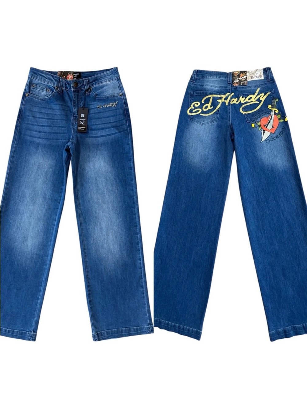 Ed Hardy Wide Leg Jeans High Rise Once Wounded Twice Shy Graphic Blue Denim Y2K